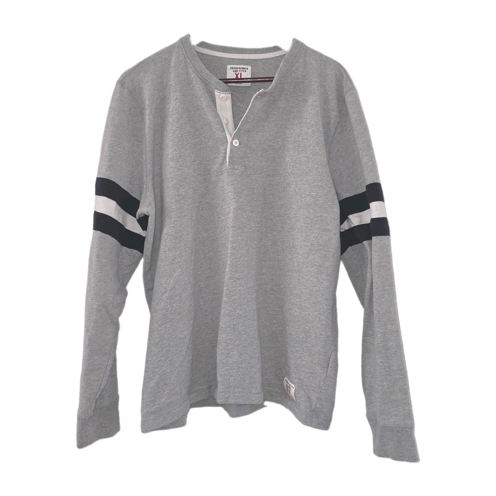 Abercrombie & Fitch Mens XL Gray w Navy Henley Rugby Sweatshirt Long Sleeve